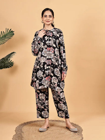 Elegant Black Co-Ord Set with Floral Prints – Daily Wear
