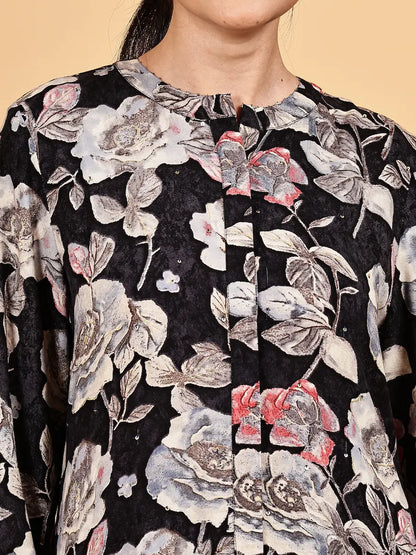 Elegant Black Co-Ord Set with Floral Prints – Daily Wear