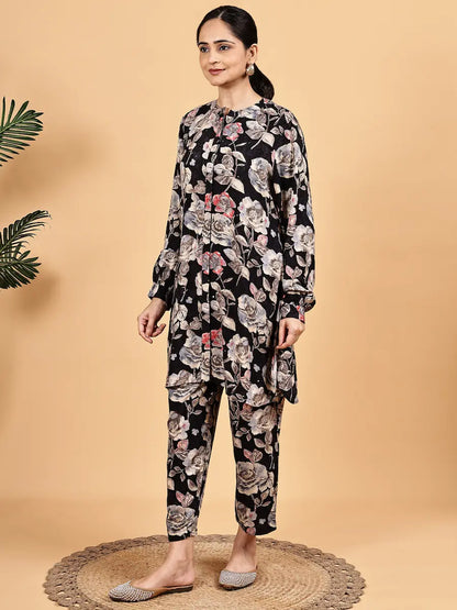 Elegant Black Co-Ord Set with Floral Prints – Daily Wear