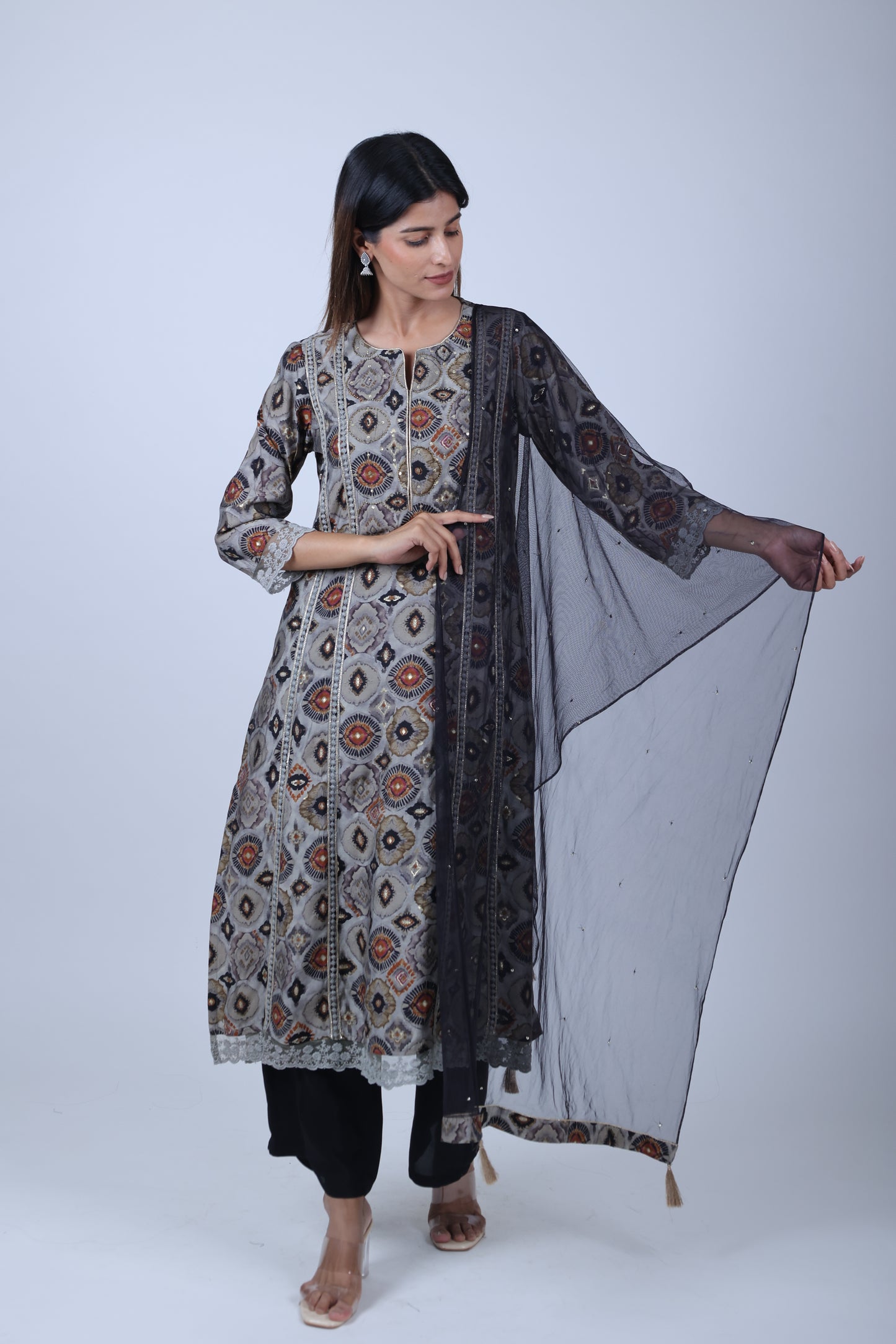 Black Printed Straight Kurta Along With Solid Pants and Solid Dupatta