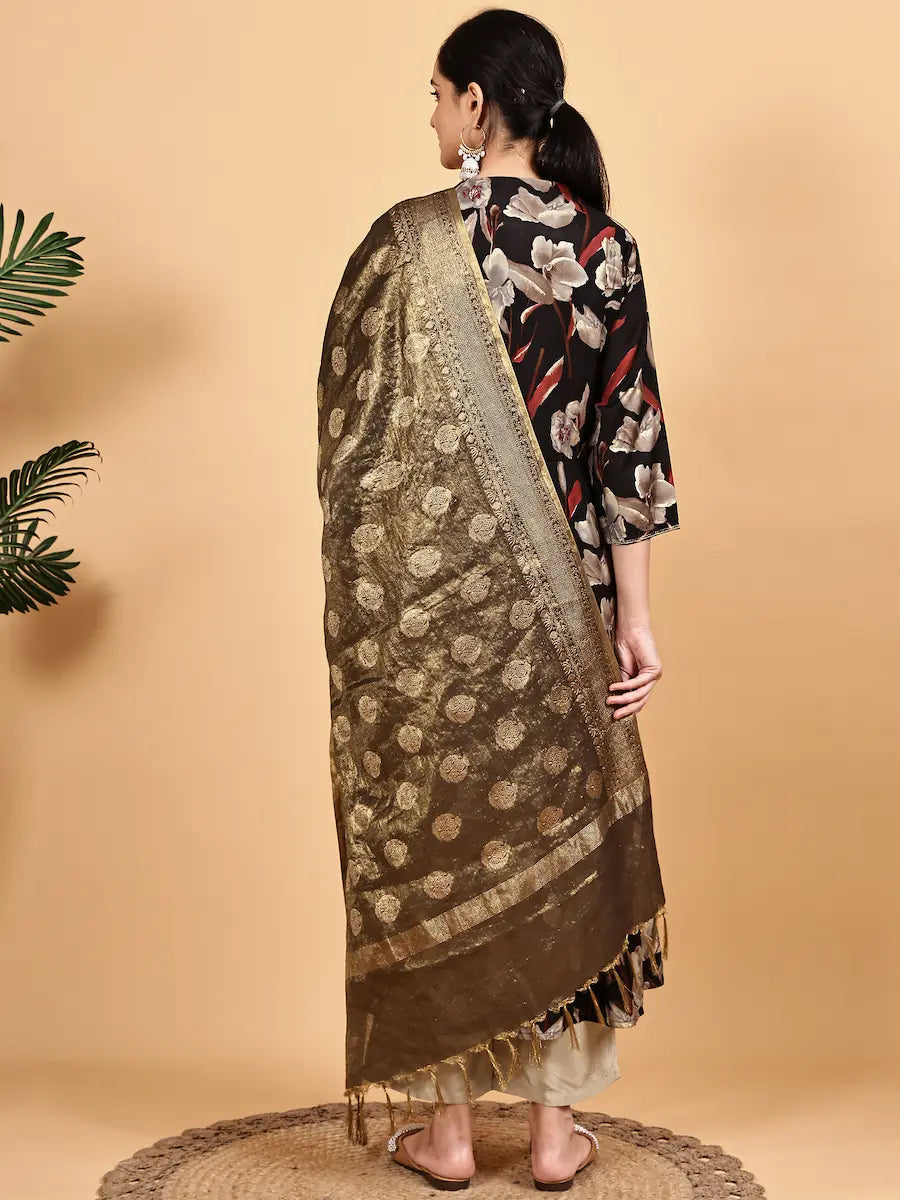 Black Floral Printed Kurta Set with Golden Dupatta