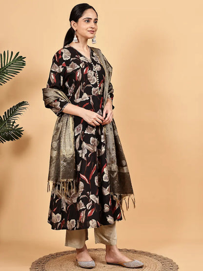Black Floral Printed Kurta Set with Golden Dupatta