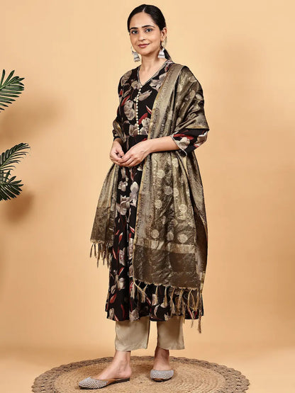 Black Floral Printed Kurta Set with Golden Dupatta
