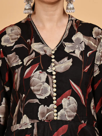 Black Floral Printed Kurta Set with Golden Dupatta