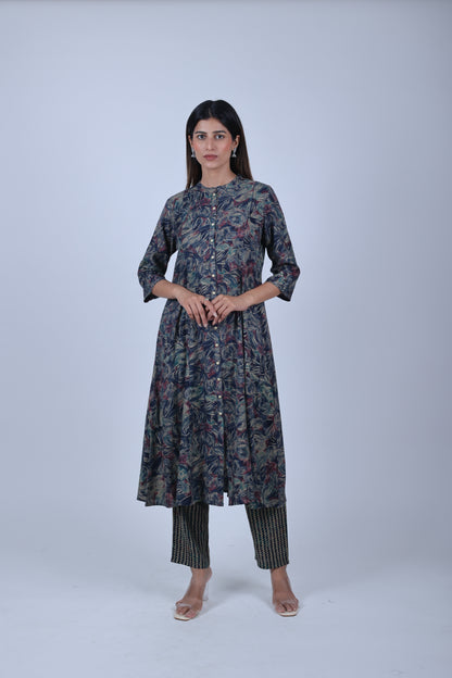 Dark Blue Printed A Line Kurta with Printed Pants