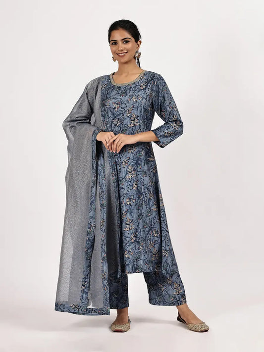Blue Viscose Blend Embroidered Kurta Set with Dupatta