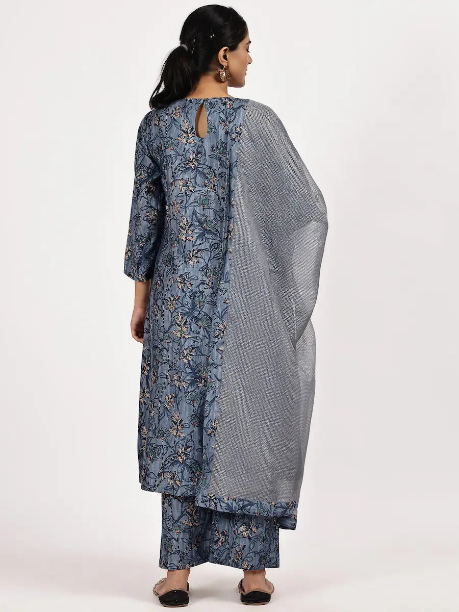 Blue Viscose Blend Embroidered Kurta Set with Dupatta