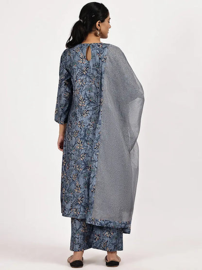 Blue Viscose Blend Embroidered Kurta Set with Dupatta