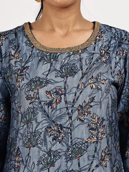 Blue Viscose Blend Embroidered Kurta Set with Dupatta