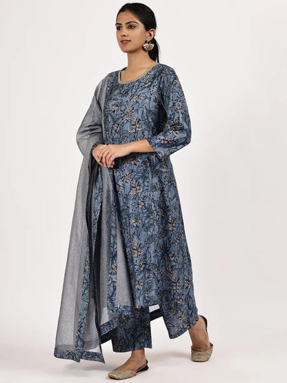 Blue Viscose Blend Embroidered Kurta Set with Dupatta