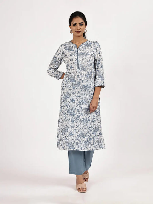 Blue & White Floral Printed Straight Kurta with Pants