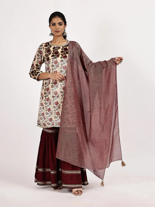 Brasso Velvet Floral Kurta with Maroon Sharara & Zari Dupatta