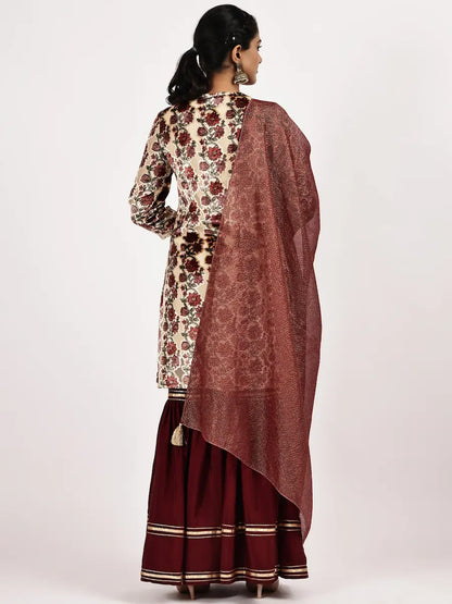 Brasso Velvet Floral Kurta with Maroon Sharara & Zari Dupatta