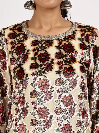 Brasso Velvet Floral Kurta with Maroon Sharara & Zari Dupatta