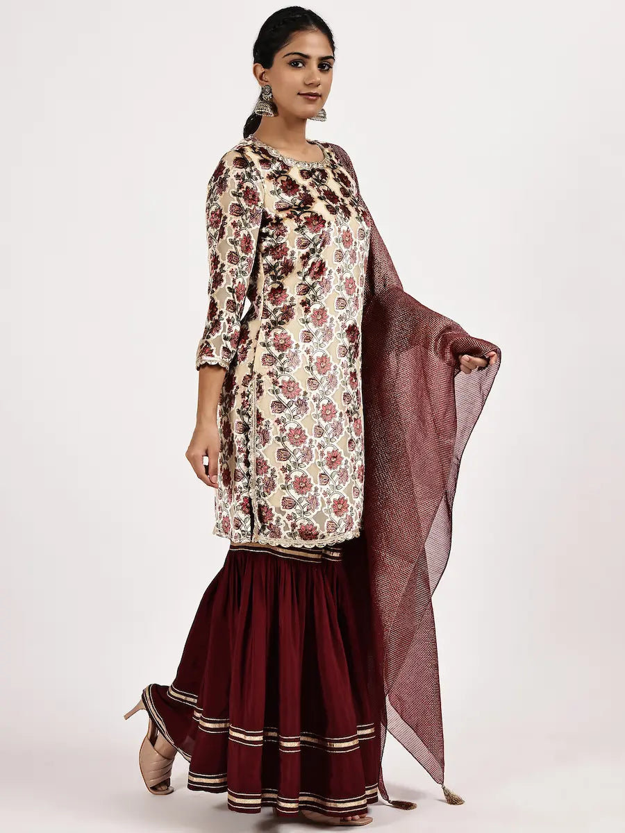 Brasso Velvet Floral Kurta with Maroon Sharara & Zari Dupatta
