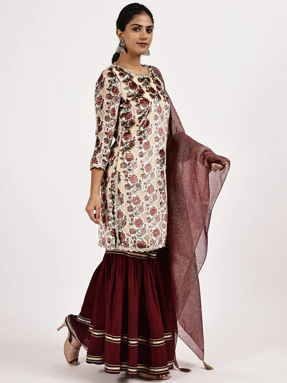 Brasso Velvet Floral Kurta with Maroon Sharara & Zari Dupatta