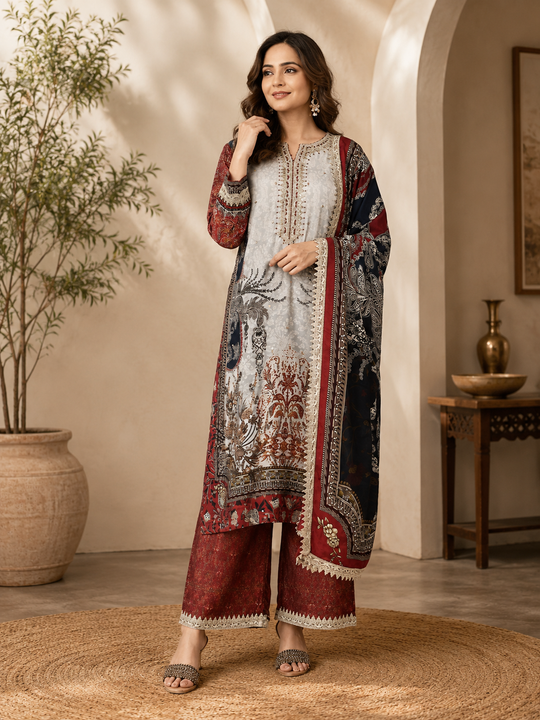Grey and Maroon Printed Kurta Set with Dupatta