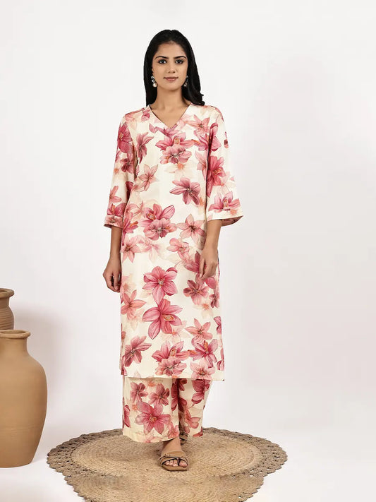 Cream Pink Floral Printed Kurta with Palazzo