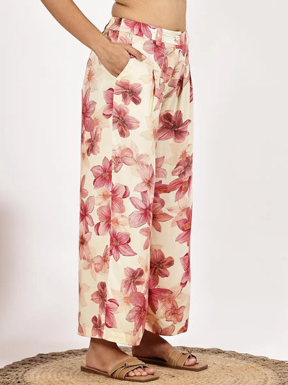 Cream Pink Floral Printed Kurta with Palazzo