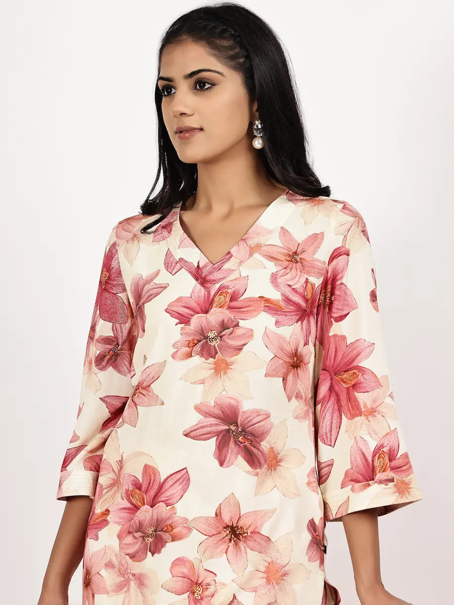 Cream Pink Floral Printed Kurta with Palazzo