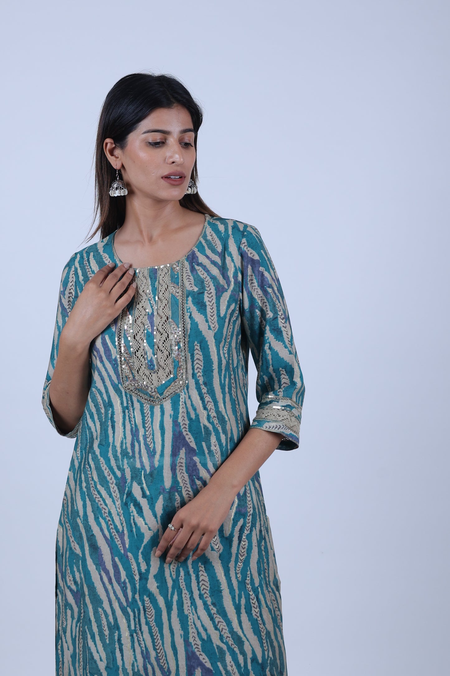 Green Printed Straight Kurta Along With Solid palazzo and Solid Dupatta