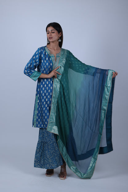 Peacock Blue Printed Straight Kurta Along With Printed sharara and  Dupatta