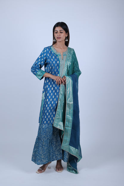 Peacock Blue Printed Straight Kurta Along With Printed sharara and  Dupatta