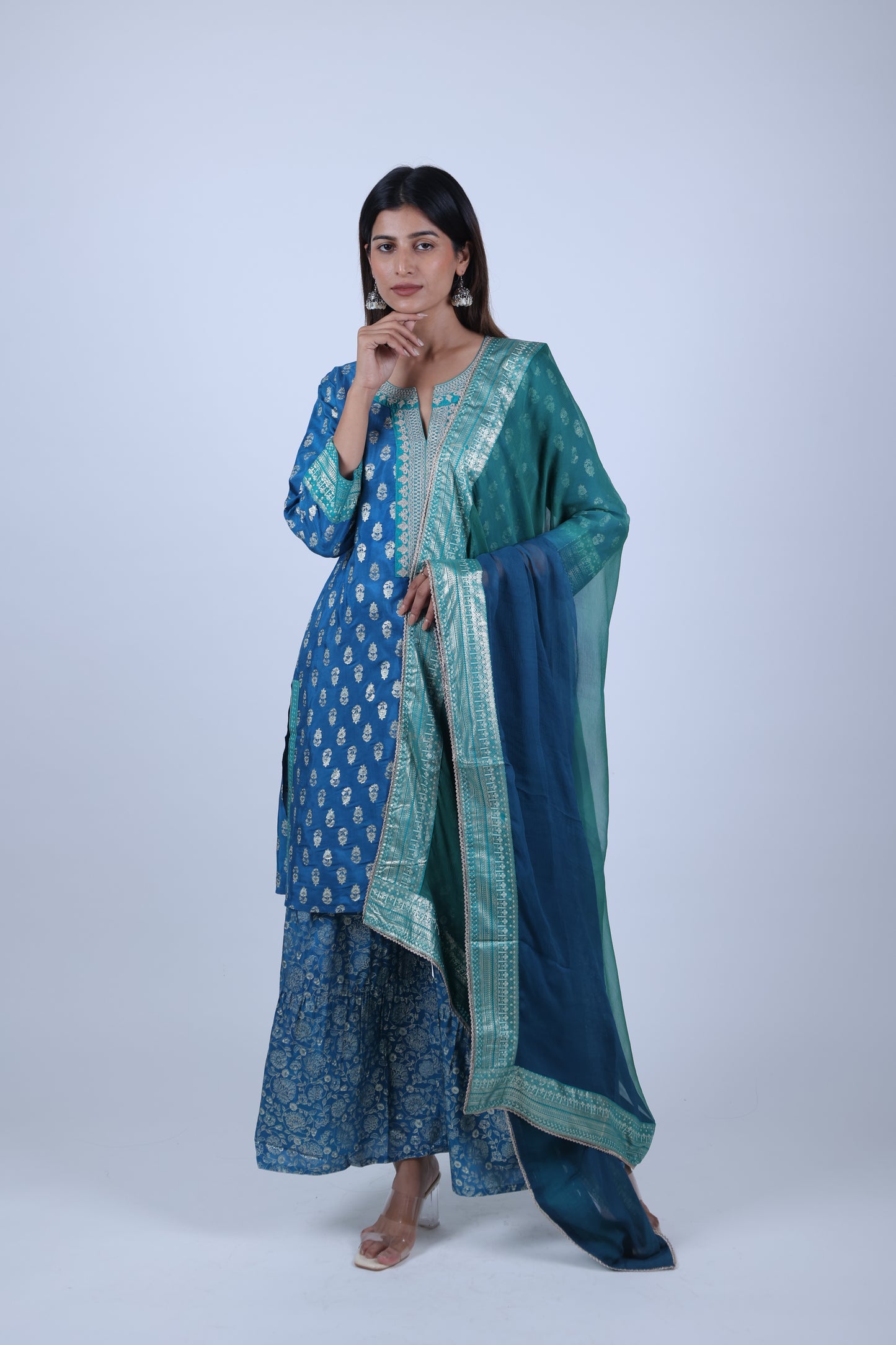 Peacock Blue Printed Straight Kurta Along With Printed sharara and  Dupatta