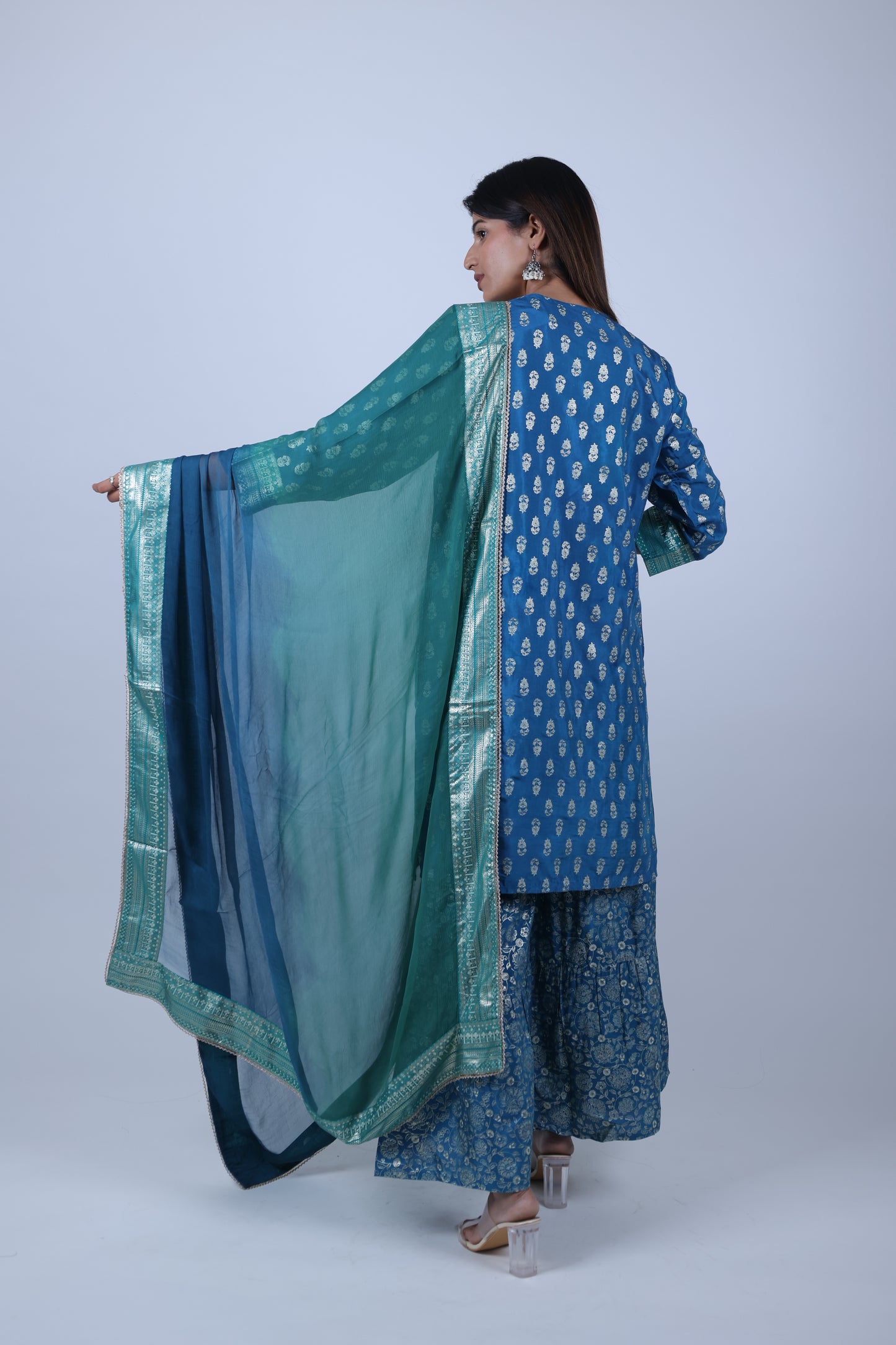 Peacock Blue Printed Straight Kurta Along With Printed sharara and  Dupatta