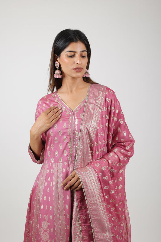 Rusty Pink Kaildar Kurta with Printed Pants and Printed Dupatta