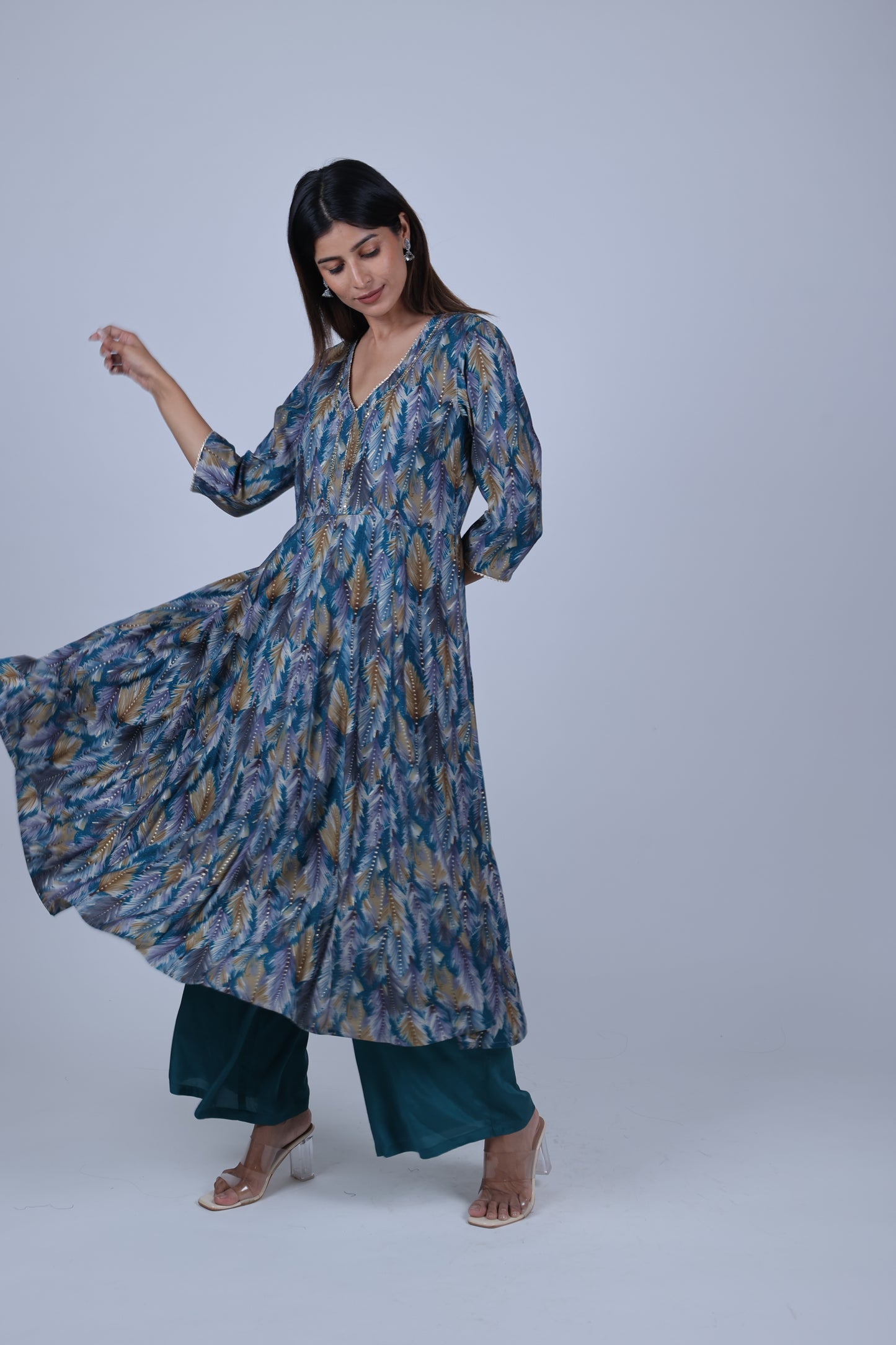 Green Printed A Line Kurta Along With Solid palazzo and Solid Dupatta