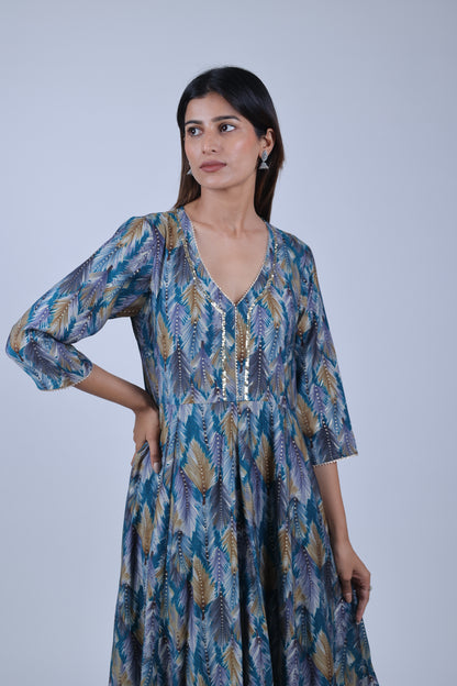 Green Printed A Line Kurta Along With Solid palazzo and Solid Dupatta