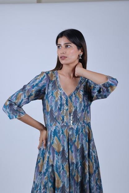 Green Printed A Line Kurta Along With Solid palazzo and Solid Dupatta