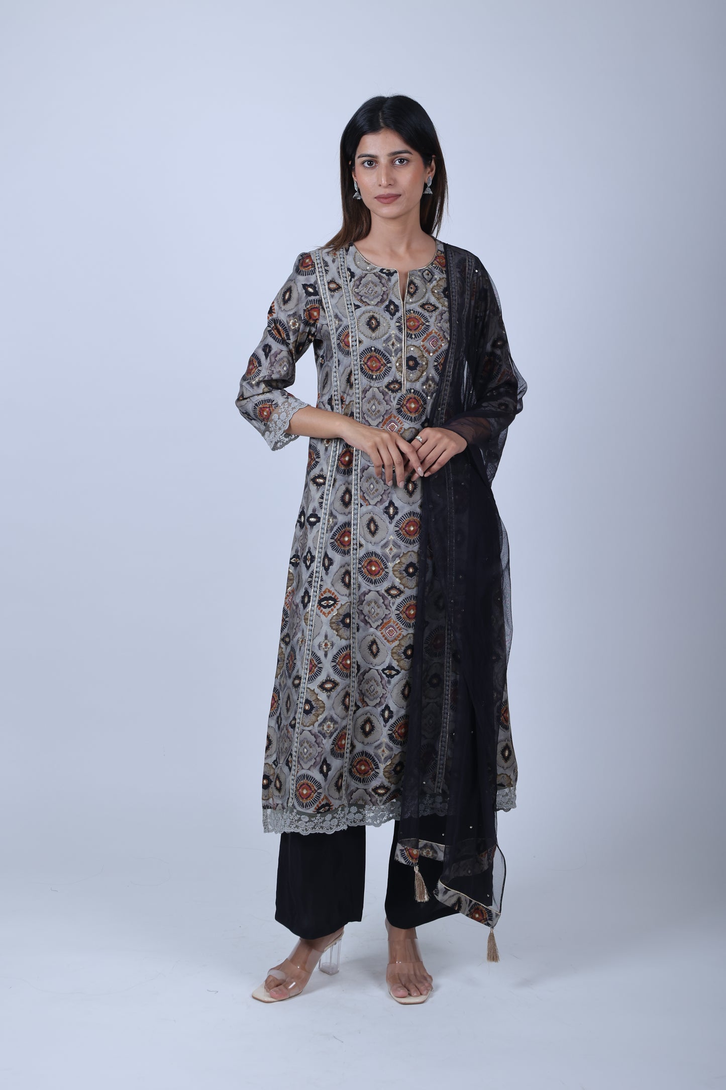 Black Printed Straight Kurta Along With Solid Pants and Solid Dupatta