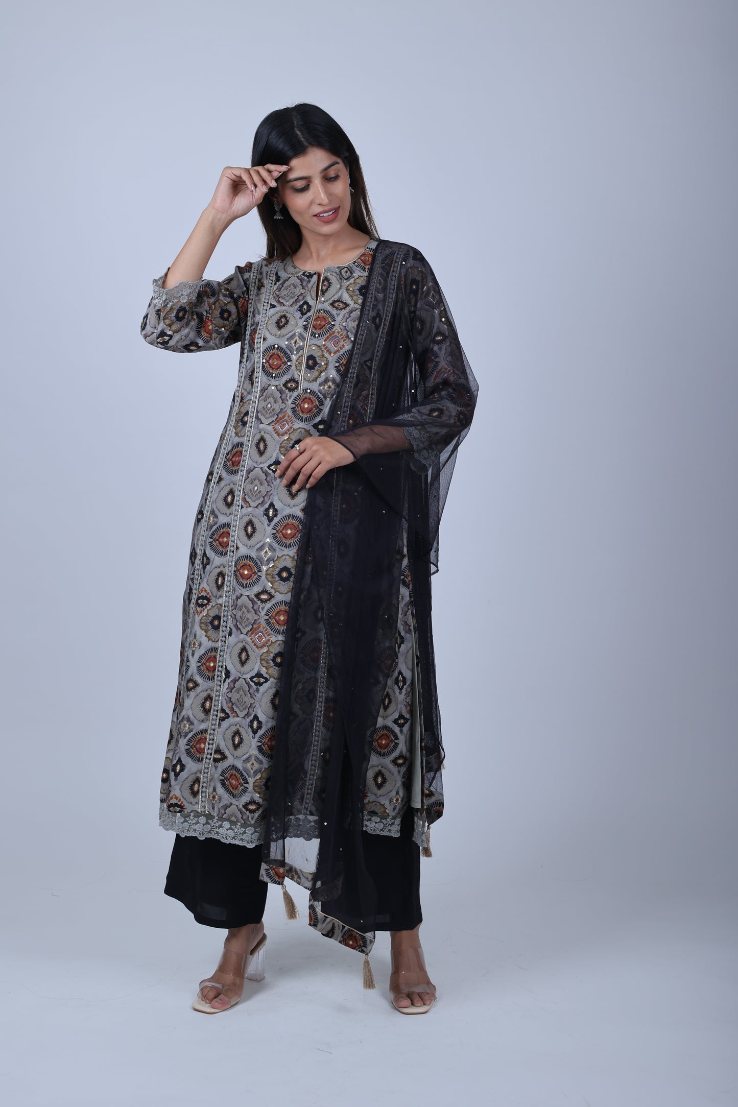 Black Printed Straight Kurta Along With Solid Pants and Solid Dupatta