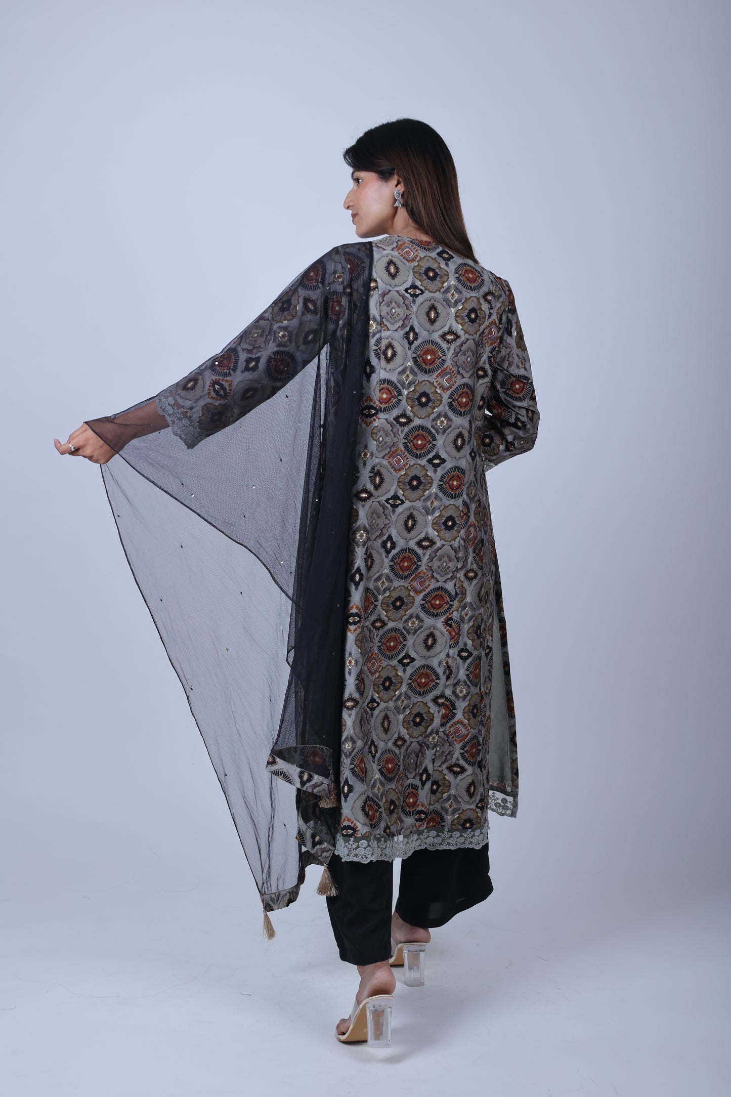 Black Printed Straight Kurta Along With Solid Pants and Solid Dupatta