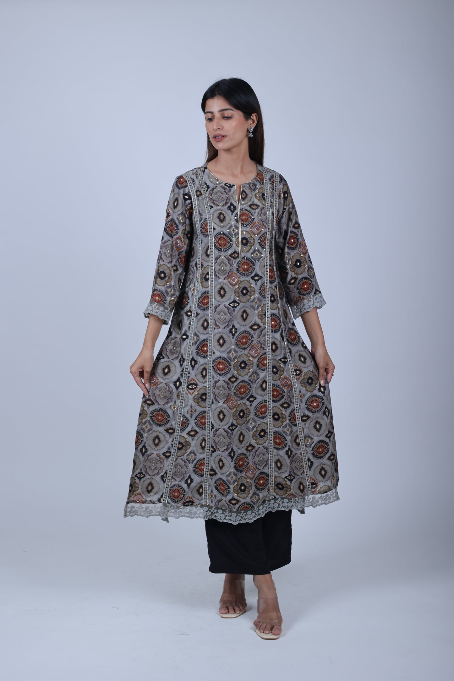 Black Printed Straight Kurta Along With Solid Pants and Solid Dupatta