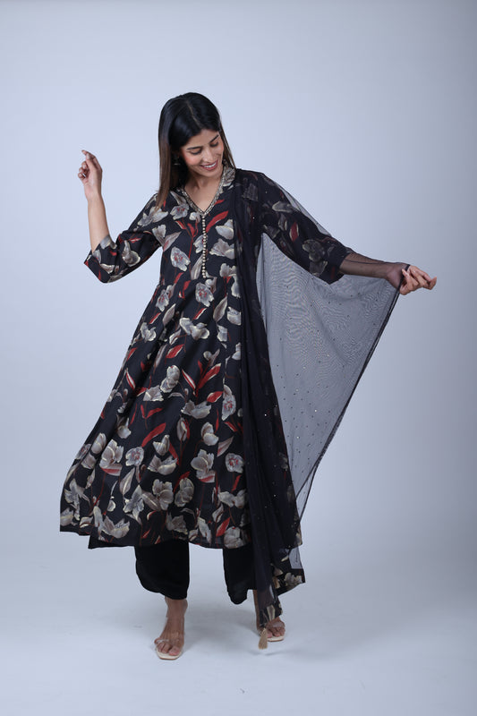 Black Printed Aline Kurta Along With Solid palazzo and Solid embroidered Dupatta