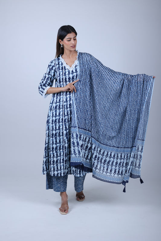 Indigo Printed Straight Kurta Along With Printed Pants and printed Dupatta