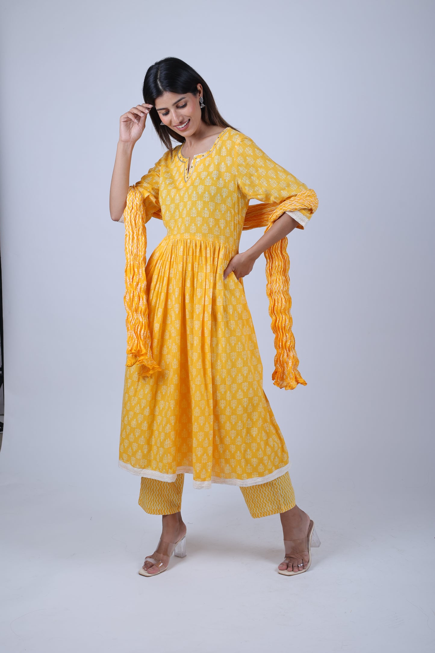 Yellow Printed Anarkali Kurta Along With Printed Pants and Printed Dupatta