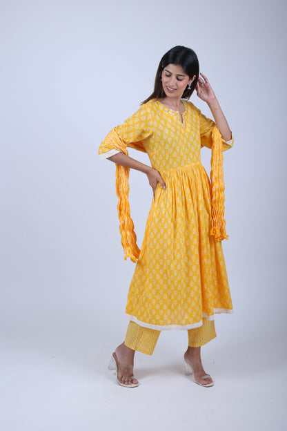 Yellow Printed Anarkali Kurta Along With Printed Pants and Printed Dupatta