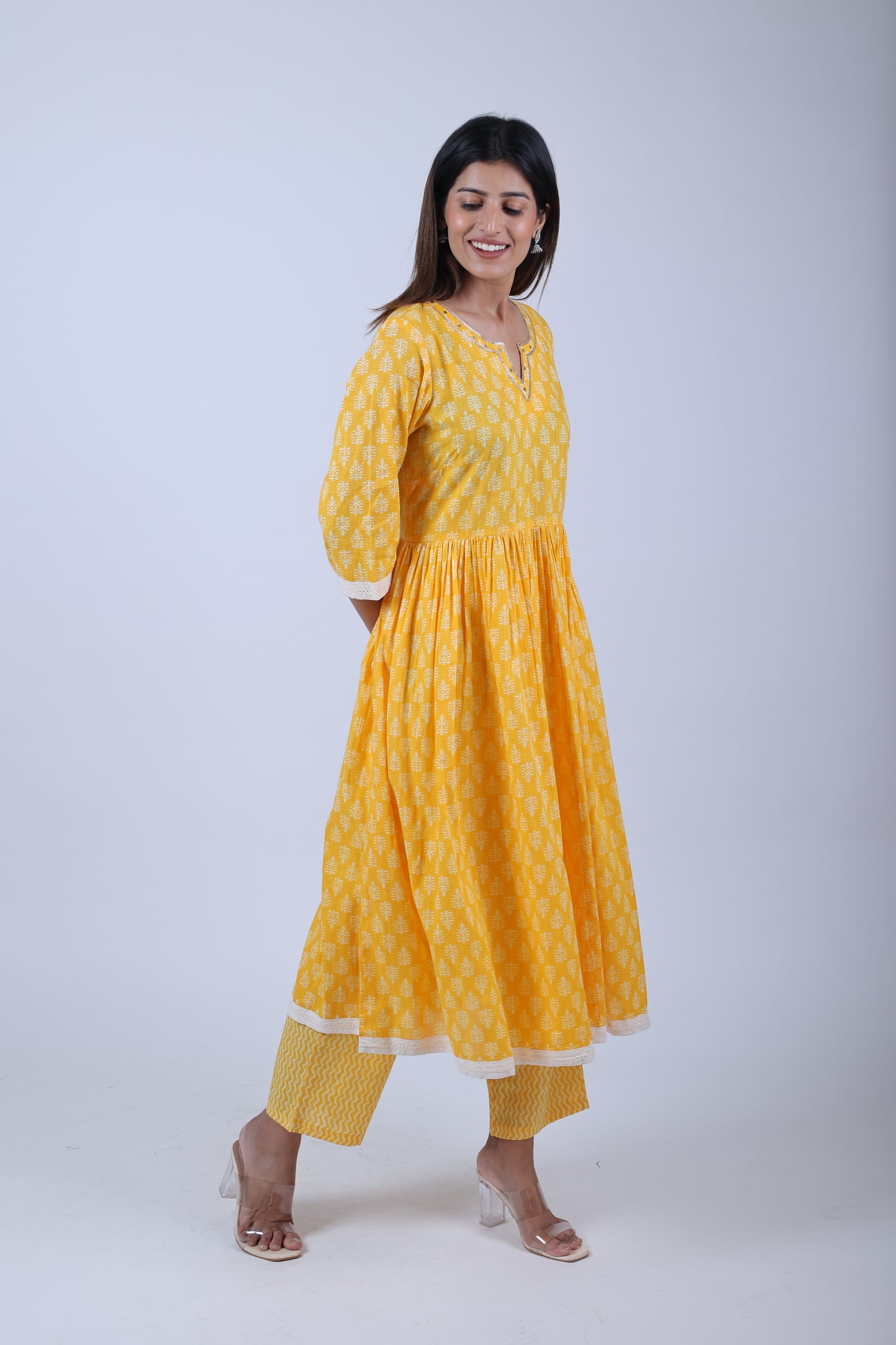 Yellow Printed Anarkali Kurta Along With Printed Pants and Printed Dupatta