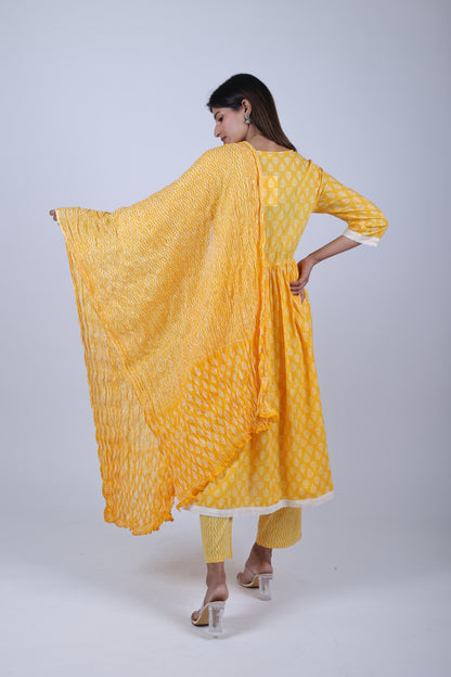 Yellow Printed Anarkali Kurta Along With Printed Pants and Printed Dupatta