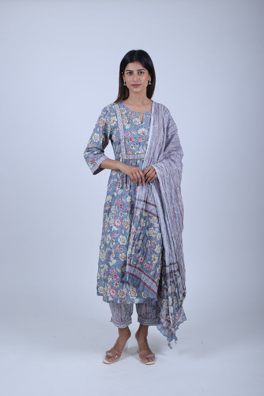 Grey Printed Kurta Along With afghani Printed Pants and printed Dupatta