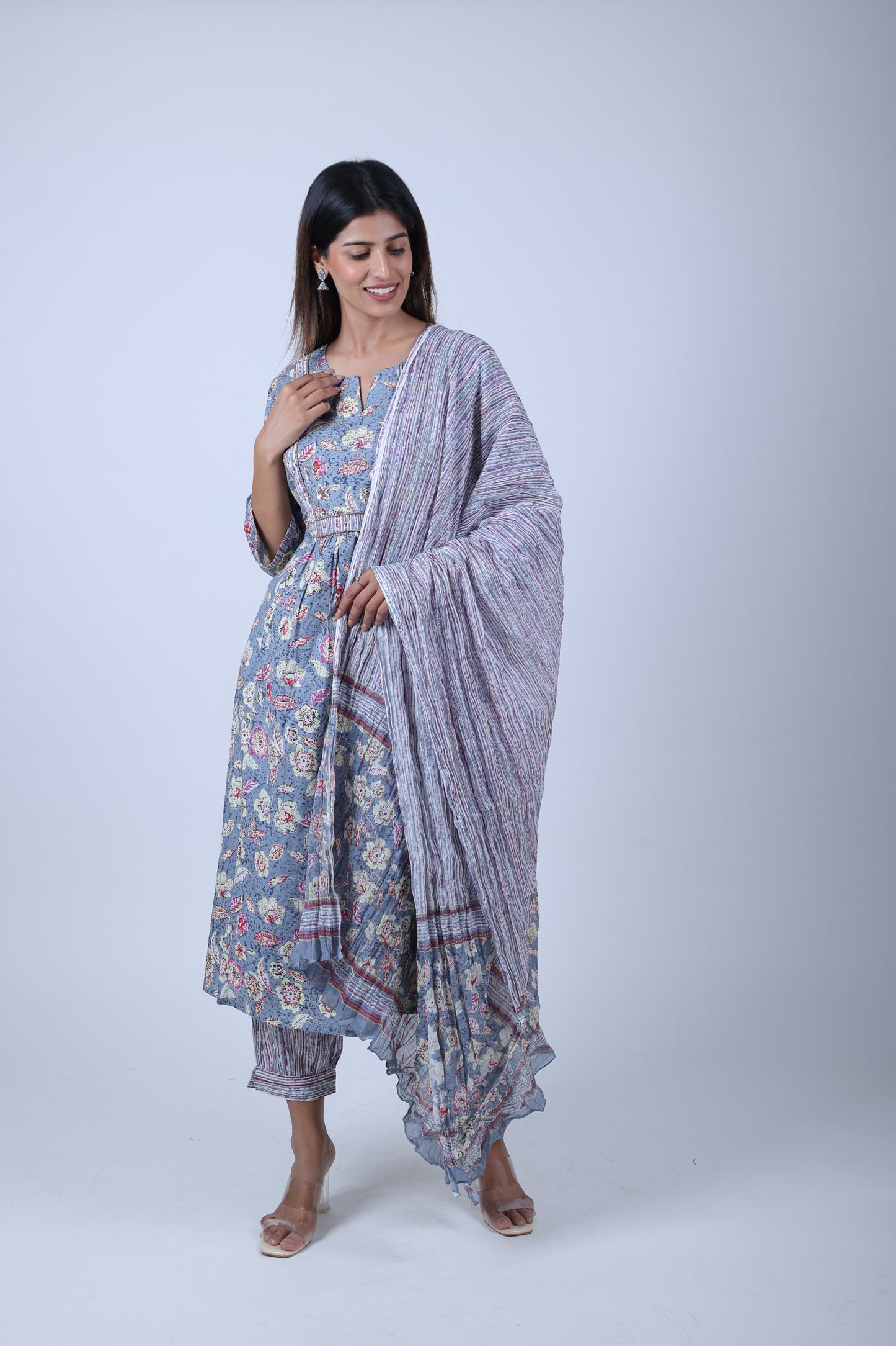 Grey Printed Kurta Along With afghani Printed Pants and printed Dupatta