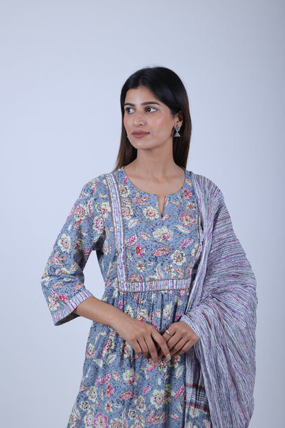 Grey Printed Kurta Along With afghani Printed Pants and printed Dupatta