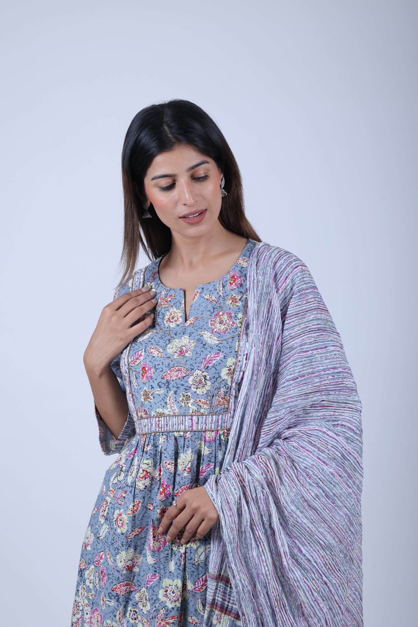 Grey Printed Kurta Along With afghani Printed Pants and printed Dupatta