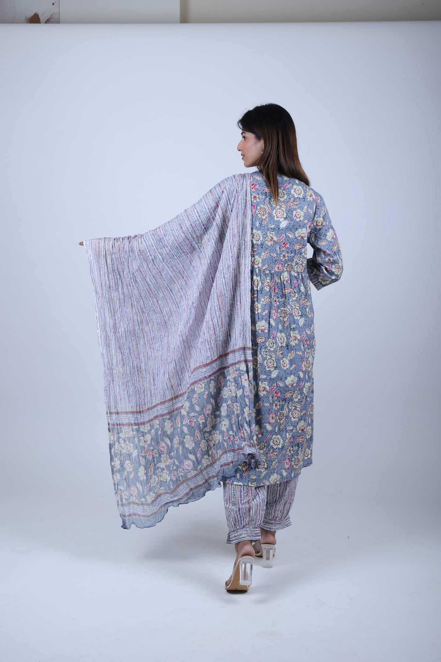 Grey Printed Kurta Along With afghani Printed Pants and printed Dupatta