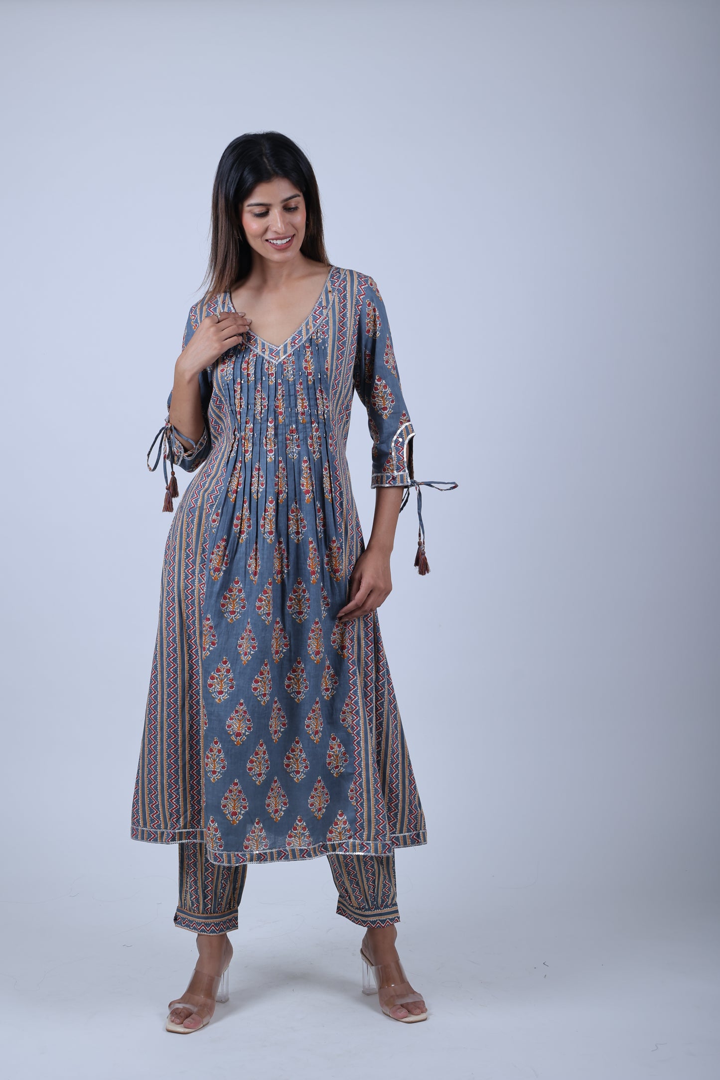 Gray Printed Straight Kurta Along With Printed Pants and Dupatta