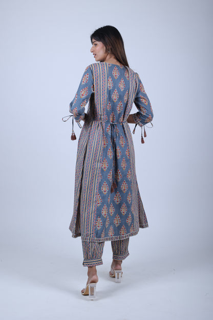 Gray Printed Straight Kurta Along With Printed Pants and Dupatta